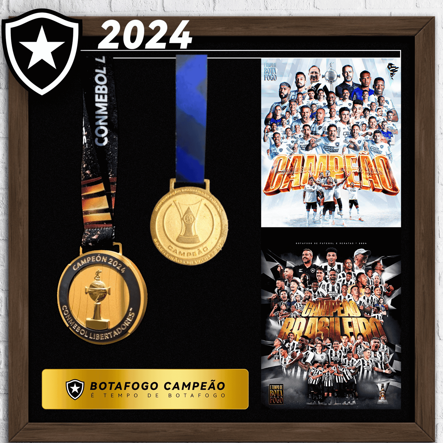 Exclusivo: Quadro de Medalhas Botafogo Multicampeão 2024 Brasileirão e Libertadores Moldura de Madeira 33x33cm + *BRINDE 1x Caneca* - EDIÇÃO LIMITADA