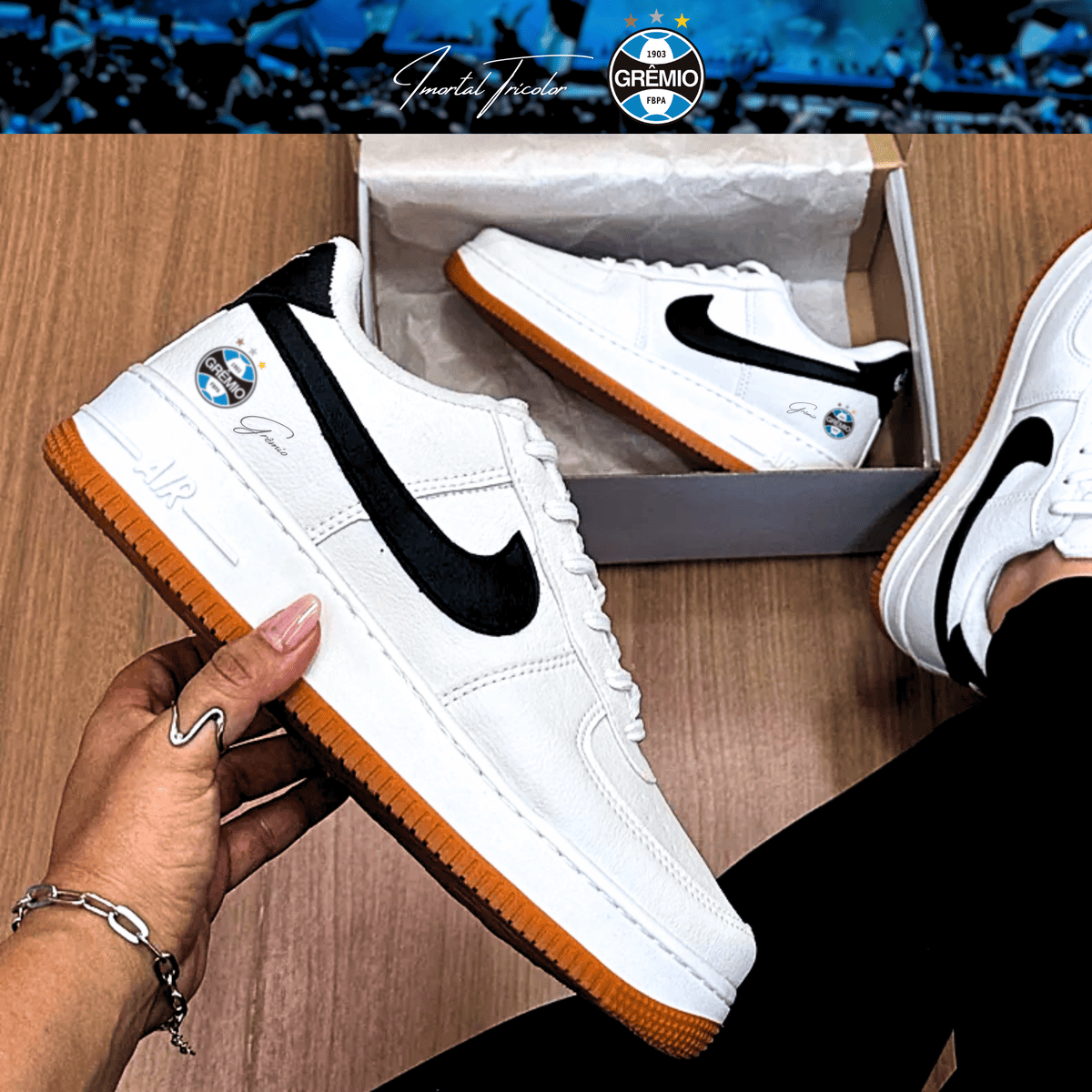 Exclusivo: Tênis Air Force White Black Obsidian Signature Customizado do Grêmio + *BRINDE 1x Caneca Oficial* - EDIÇÃO LIMITADA