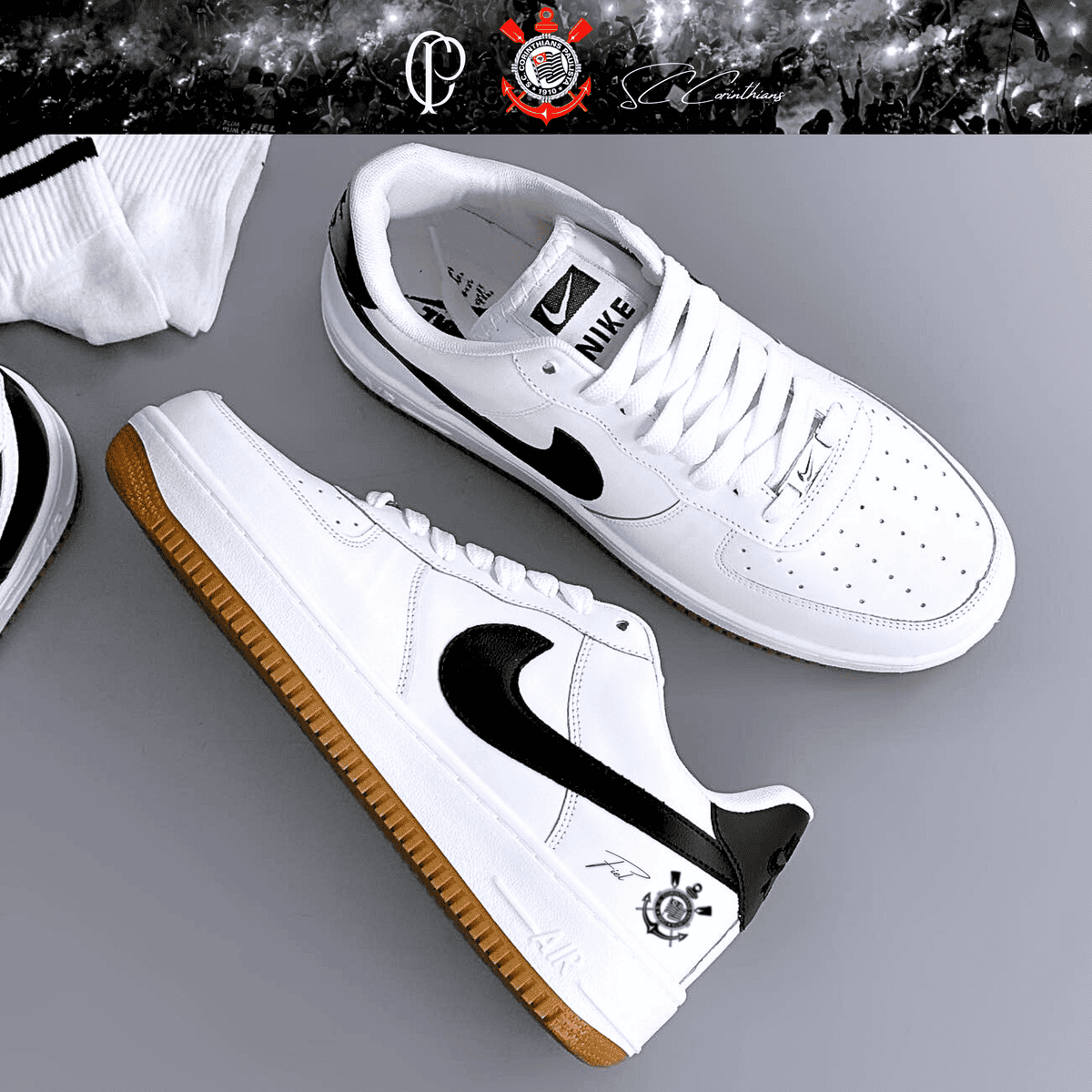 Exclusivo: Tênis Air Force White Black Obsidian Signature Customizado do Timão + *BRINDE 1x Caneca Oficial* - EDIÇÃO LIMITADA